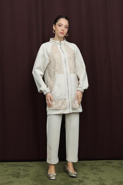 Puane Women's Lace Detailed High Neck Zipper Suit - 14387Tks - Ecru