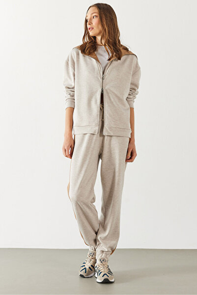 VENA Jogging Pants with Elasticated Cuffs and Contrast Inserts-Ekru Melanj
