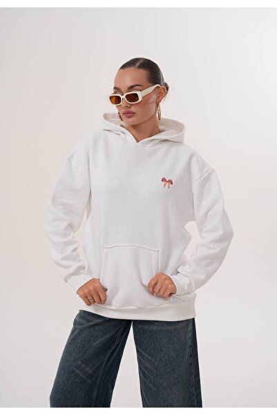 369 etnik butik Minimal Bow Embroidered Hooded Oversize Sweatshirt