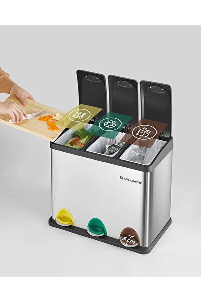 SONGMICS Stainless Steel Waste Bin with 3 Compartments for Selective Collection, 3x8 Liters,