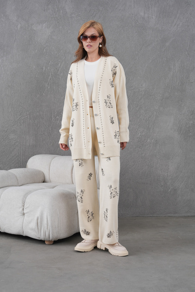 Miss Allos Women's Beaded Wide-Fit Knitwear Cardigan and Pants Bottom-Top Set