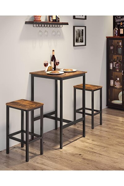 VASAGLE Bar table and chairs set, table 60x60x90cm and 2 chairs 30x40x65cm, industrial style, brown