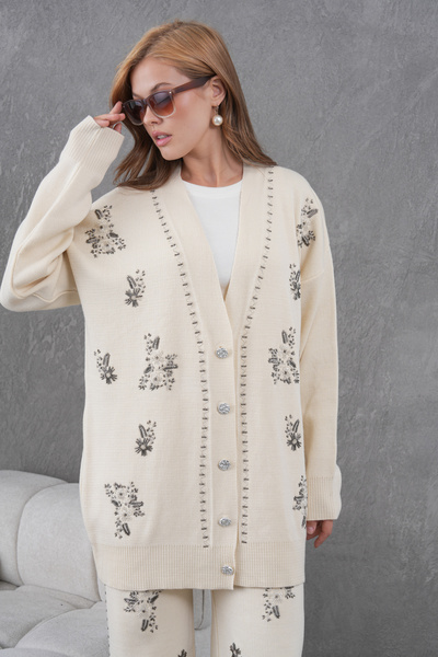 Miss Allos Women's Beaded Wide-Fit Knitwear Cardigan and Pants Bottom-Top Set