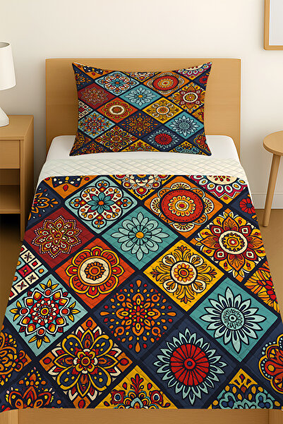3D ELSE HALI Colorful Tiles Ethnic Patterned Single Pike Set Bedspread