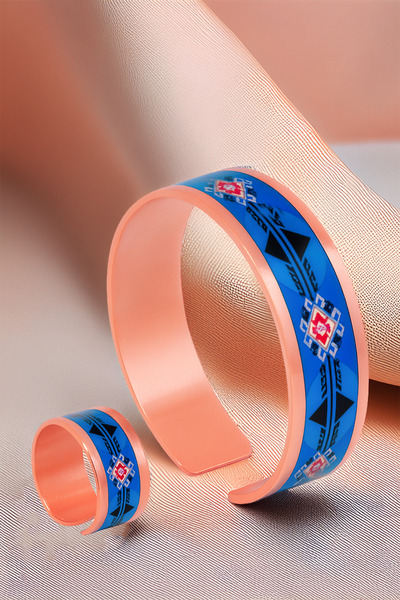 OSMANLI GÜMÜŞ Women's Copper Bracelet Ring Set - Zaira Model Special Edition Metal Box and Quartz Stone