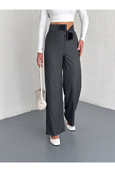Gugus Women's Pocketless Woven Fabric Pants with Snap Buttons at the Waist, Loose Legs, Wide Leg Model