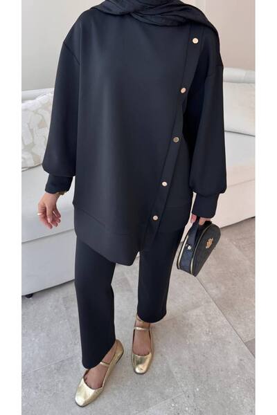 Molly Nelly Γυναικείο Μαύρο Κοστούμι Μαντίλι με Πλαϊνά Κουμπώματα Skuba