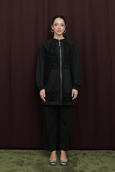 Puane Women's Lace Detailed High Neck Zipper Suit - 14387Tks - Black