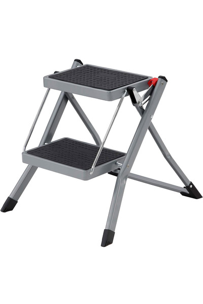 SONGMICS Scară pliabilă cu 2 trepte, cauciuc antiderapant, mâner, 150 kg, oțel, 50x60x44 cm, gri/negru
