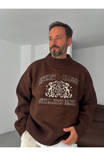 BYBASICMAN Kahve Instant Nakış Geniş Yaka Oversize Kazak G-18133