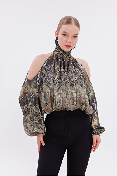 Moda Palmiss Women's Ethnic Patterned Off-Shoulder Halter Neck Chiffon Blouse