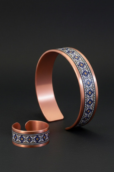OSMANLI GÜMÜŞ Women's Copper Bracelet Ring Set - Formacha Model Special Edition Metal Box and Quartz Stone