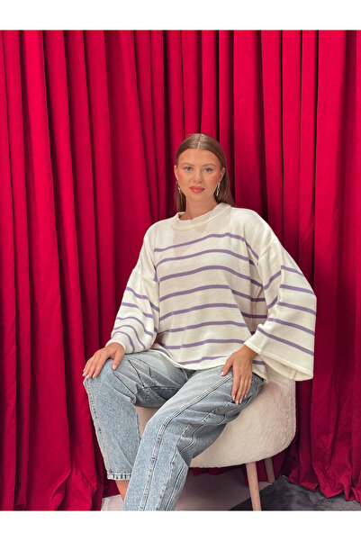 Neva Wear Pulover tricotat cu dungi supradimensionat pentru femei – largi gul...