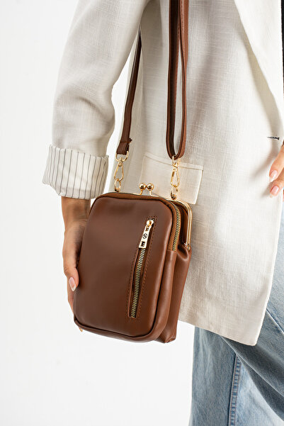 Sanmorris Women's Adjustable Crossbody Strap Tan Matte Crossbody Shoulder Bag with Gold Accessories