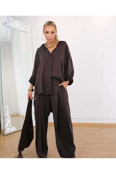 QUAWEAR Shirt with Side Slits at the Collar, Silk Kupra Fabric with Baggy Cut and Pocketed Pants, Two-Piece Set