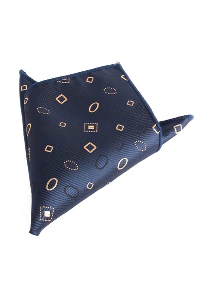 KESNUP Men's suit jacket pocket square, geometric pattern with squares and circles, Beige / Navy blue
