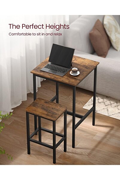 VASAGLE Bar table and chairs set, table 60x60x90cm and 2 chairs 30x40x65cm, industrial style, brown