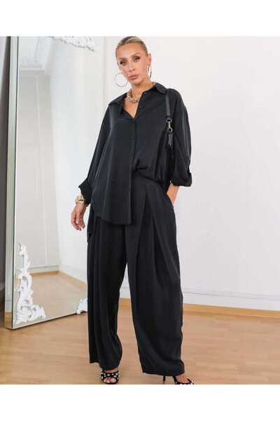 QUAWEAR Shirt with Side Slits at the Collar, Silk Kupra Fabric with Baggy Cut and Pocketed Pants, Two-Piece Set