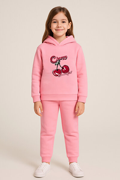 Let's Wear Premium Cherry Printed Παιδικό Σετ Φούτερ με κουκούλα και Φούτερ - Αθλητικό Σετ 2 τεμαχίων