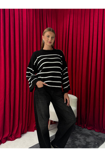 Neva Wear Pulover tricotat cu dungi supradimensionat pentru femei – largi gul...