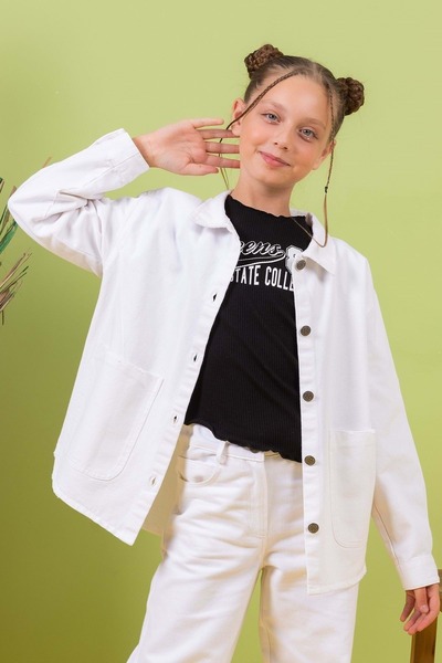 ww waka waka kids store Solid Color Pocket Button Closure Girls' Denim Shirt