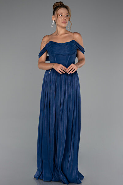 Abiyefon Lacivert Kayık Yaka Ateş Pile Uzun Şifon Abiye ABU5283