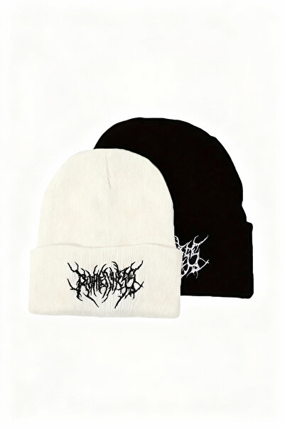 KISCHE Acrylic Gothic Embroidered Pinterest Black and White Set of 2 Beanies
