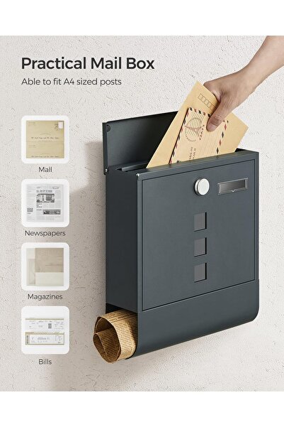 SONGMICS Outdoor Mailbox, for Fence or Wall, Galvanized Steel, with Lock, 31x10x34cm, Gray