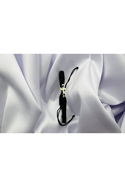 OEM Bratara cu snur impletit, cruce si 2 bilute de 2.5mm din aur 585 14k - Reglabila