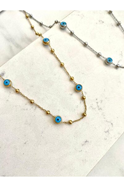 Lilyum Aksesuar Anne Kız Kombini Nazar Boncuklu Topçuklu Gold Altın Sarı Gümüş Silver Gri Renk Çelik Kolye (2 ADET)