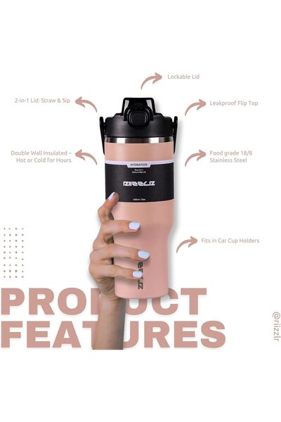 Riizzlr 1000ml Insulated Water Bottle Tumbler with 2-in-1 Straw & Sip Lid – Keeps Drinks Hot 12H / Cold 24H