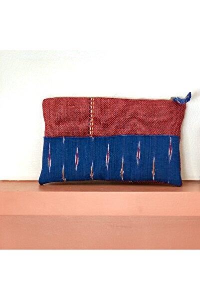 Ohrna MAJHARI Kantha Embroidered Jute Ikkat Zippered Pouch for Makeup Items & Accessories 10″ X 6″