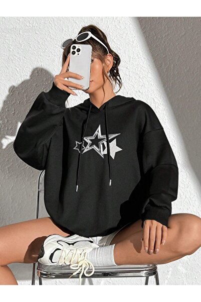 StartMore هودي بأكمام طويلة بطباعة نجمة خماسية بسيطة وعصرية، مقاس كبير للنساء...