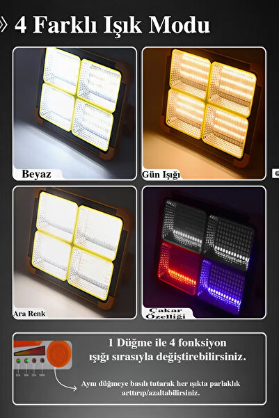 YTE Şarjlı Güneş Enerjili Led Projektör Kamp Modu 4 Renk Işık SOS Işık 200 Watt