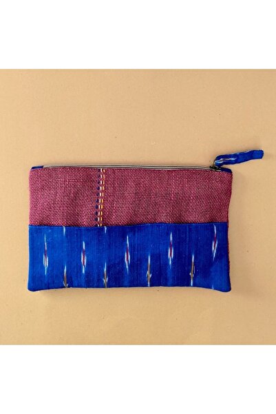 Ohrna MAJHARI Kantha Embroidered Jute Ikkat Zippered Pouch for Makeup Items & Accessories 10″ X 6″