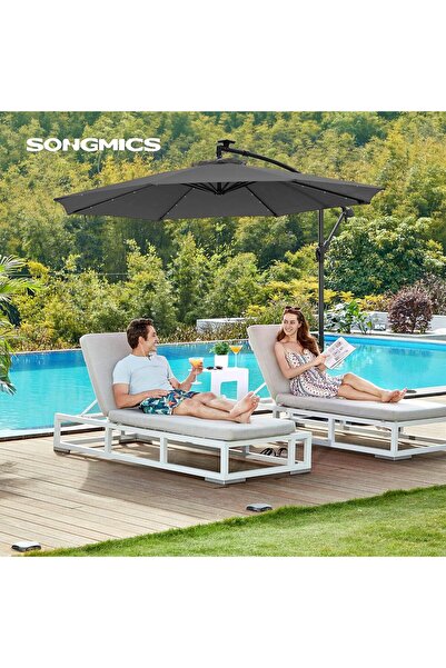 SONGMICS Banana Side Arm Garden Umbrella, 300cm, with Solar LED Lighting, Grey