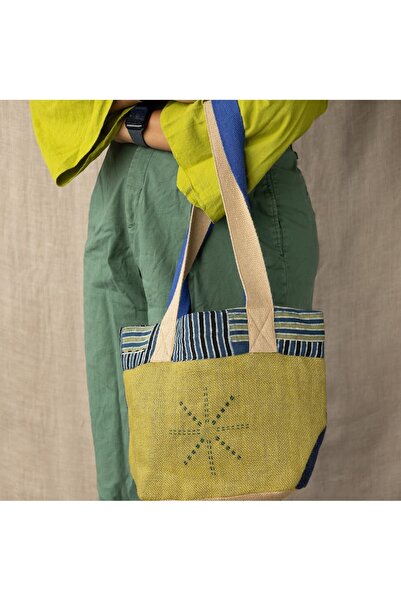 Ohrna KOLI Reversible Small Tote 3-in-1 Handcrafted Jute & Cotton Kantha Embroidered Bag Navy Olive