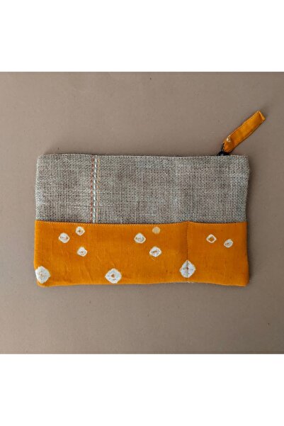 Ohrna MAJHARI Unique Design Aesthetic Organic Jute & Cotton Zippered Pouch Beige Yellow 10″ X 6″