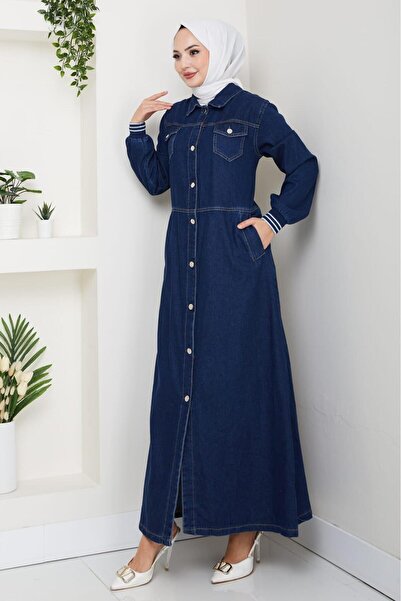 Hb Harma Time Butik Kadın Cepli Düğmeli Ribana Detaylı Kot Lacivert Uzun Kap