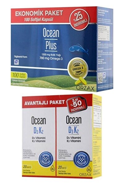 Ocean Plus Omega 3 1200 Mg 100 Kapsül + Vitamin D3k2 Damla 20 Ml 2'li Avantaj Paket