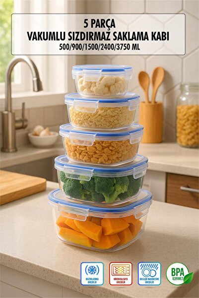 Depa Square 5 Piece Vacuum Sealed Airproof Storage Container Set with Gasket (3750/2400/1500/900/500 ml)