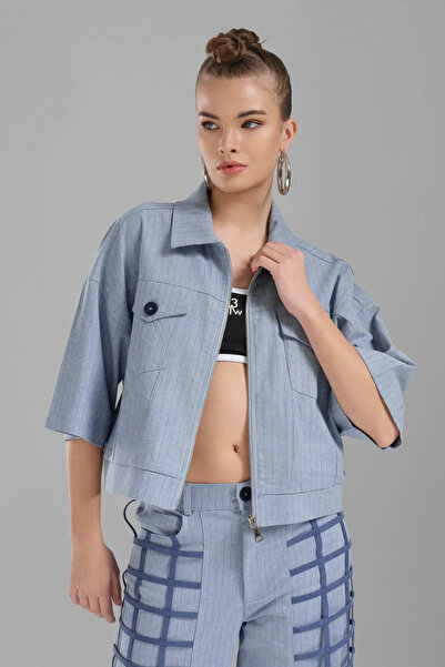 it's basic Tw3 Women's Striped Woven Fabric Comfortable Fit Short Sleeve Jacket