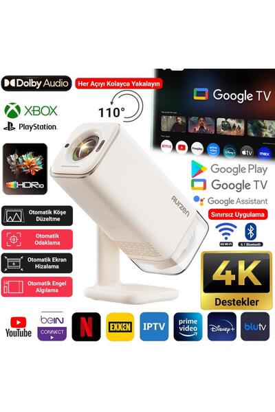 Vankyo Aurzen Boom Air Android Google TV 4K Destekli Projeksiyon Cihazı +HDR10+ToF Auto Focus+Auto K
