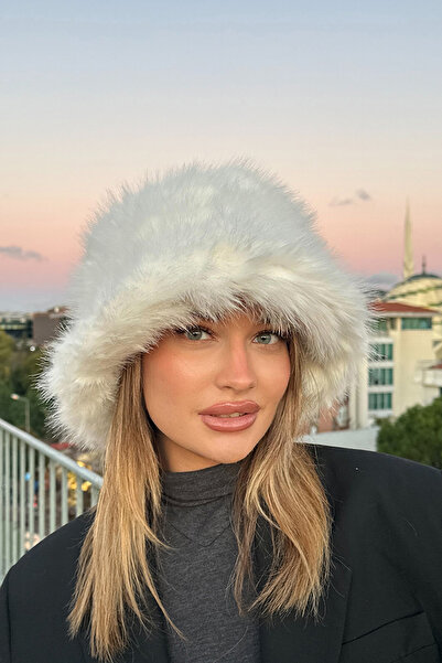 Mavelle Women's White Winter Bucket Hat |   Faux Fur Fashion Hat |   Russian Style Kalpak