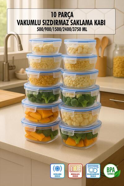 HSDemirci Square 10-Piece Vacuum Sealed Air-Tight Storage Container Set with Gaskets