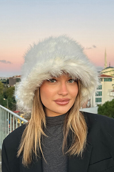 Mavelle Women's White Winter Bucket Hat |   Faux Fur Fashion Hat |   Russian Style Kalpak