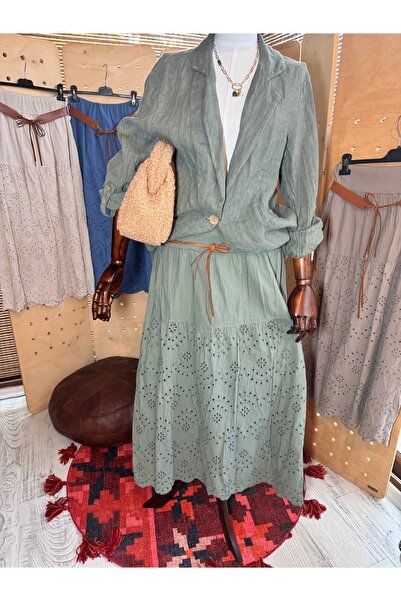 Matcha Butik Kadın Haki Yeşili Beli Lastikli Brodeli Bohem Uzun Etek – Standart Beden