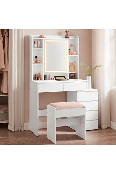 VASAGLE Dressing table with stool and mirror, adjustable LED lighting, 6 drawers, 98x40x145 cm,white