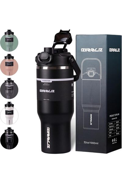 Riizzlr 1000ml Insulated Water Bottle Tumbler with 2-in-1 Straw & Sip Lid – Keeps Drinks Hot 12H / Cold 24H