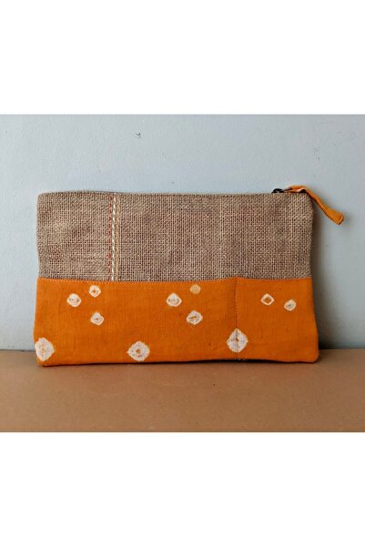 Ohrna MAJHARI Unique Design Aesthetic Organic Jute & Cotton Zippered Pouch Beige Yellow 10″ X 6″